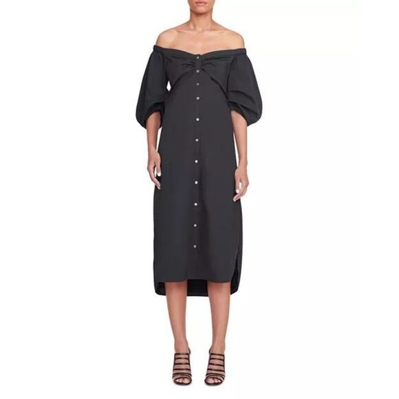 STAUD Reese Women's Black Puff Sleeve Poplin Belted Off-Shoulder Midi Dress Medi - Picture 1 of 8